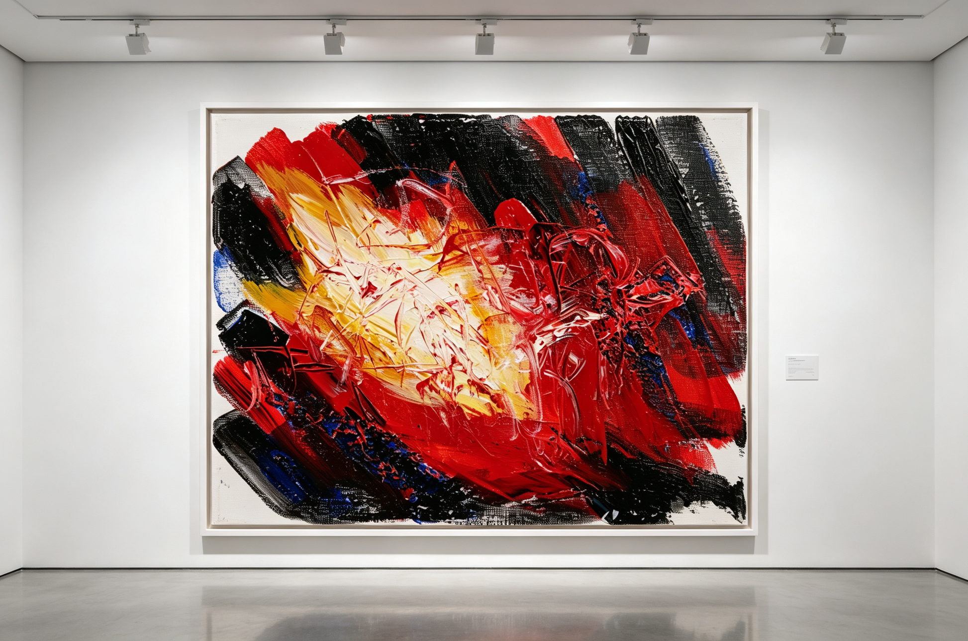 Abstract oil painting with thick red, black, and gold brushstrokes swirling around a bright cream center