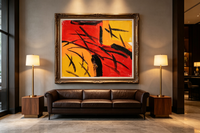 Abstract oil painting with black bamboo-like strokes sweeping across red and yellow color fields