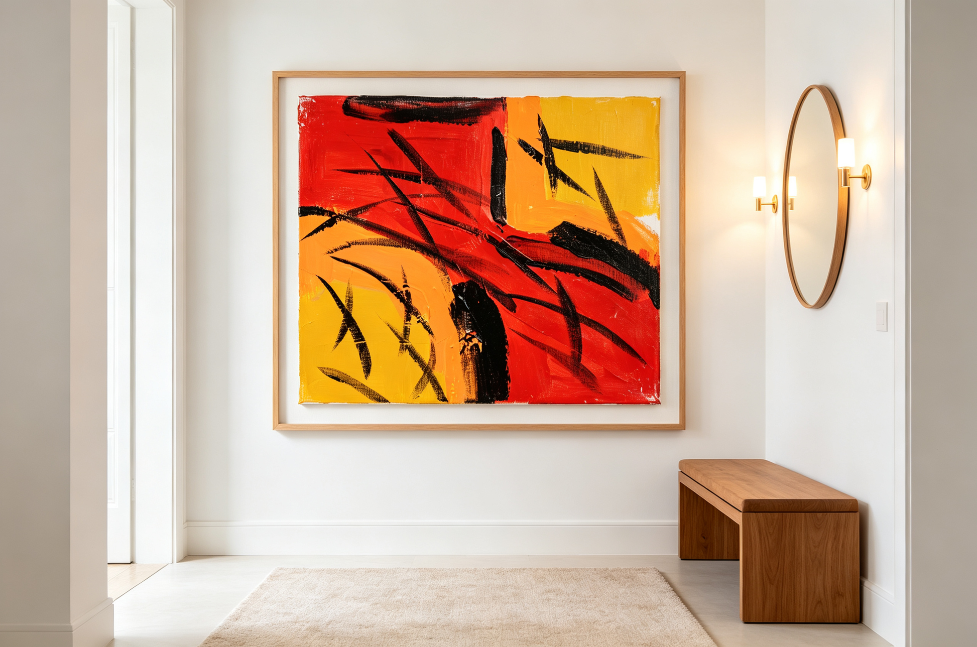 Abstract oil painting with black bamboo-like strokes sweeping across red and yellow color fields