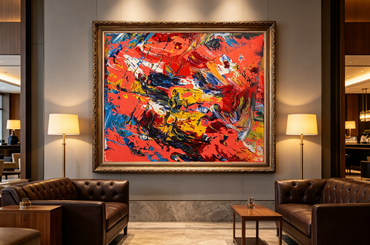 Textured abstract oil painting with blue, yellow, and white palette knife strokes over a coral red ground
