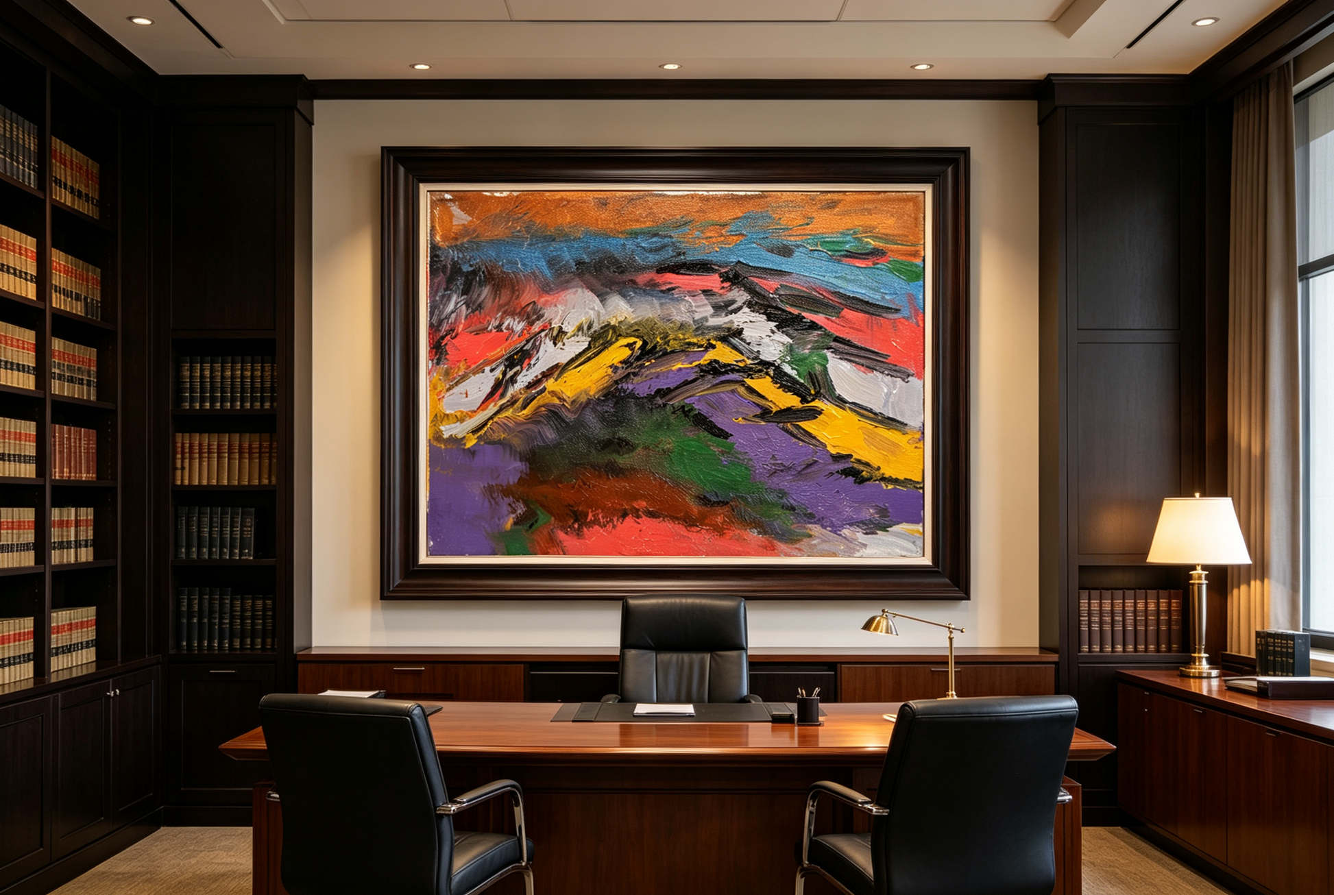 Abstract landscape oil painting with violet and ochre fields and sweeping strokes suggesting layered mountain ridges