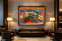 Abstract landscape oil painting with violet and ochre fields and sweeping strokes suggesting layered mountain ridges