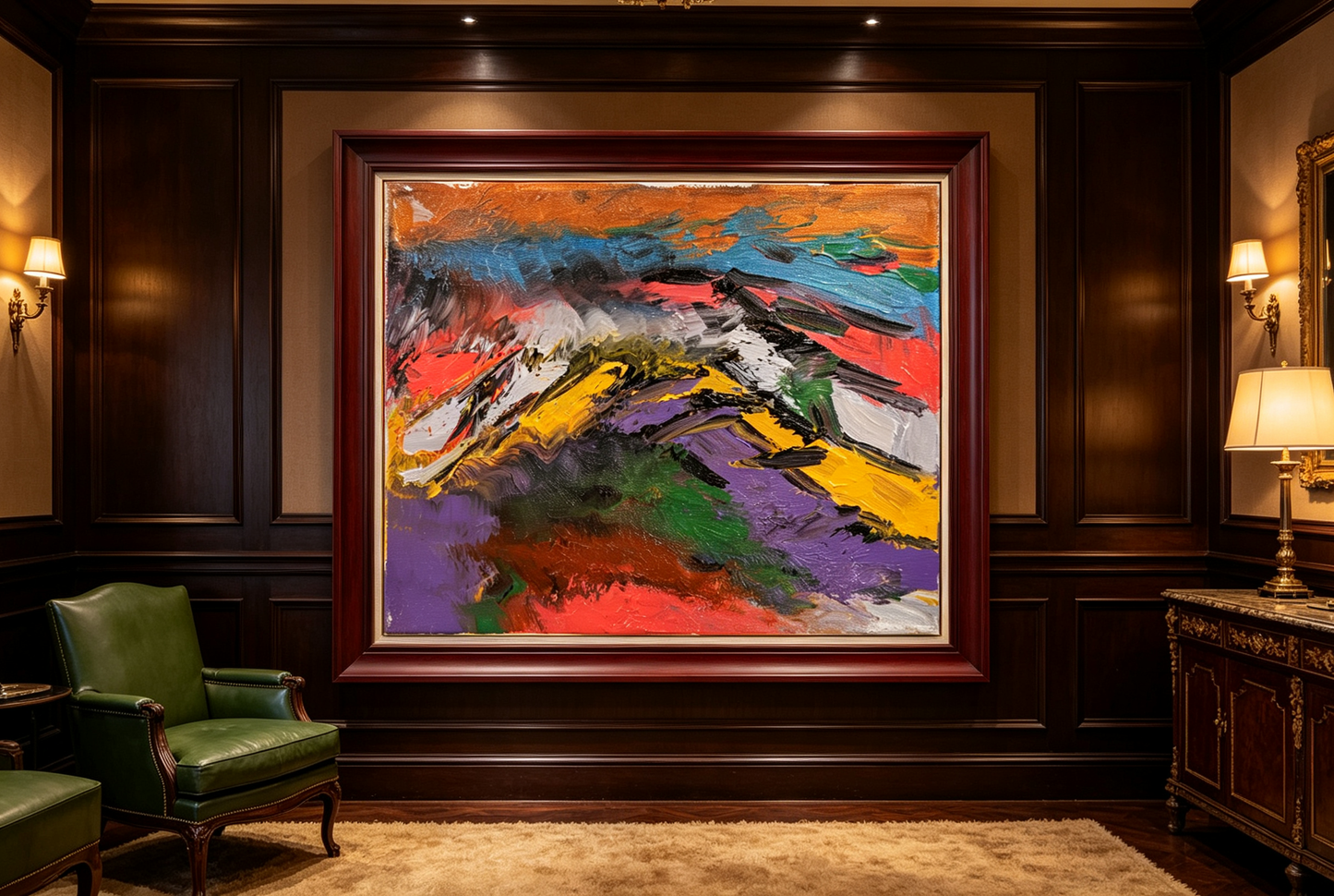 Abstract landscape oil painting with violet and ochre fields and sweeping strokes suggesting layered mountain ridges