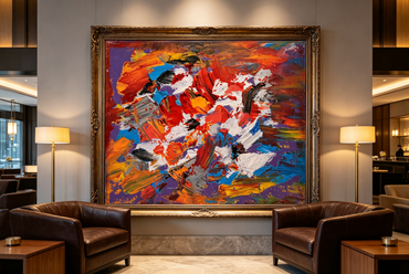 Abstract oil painting with red, blue, white, and orange fragments scattered over a violet and brown ground