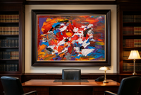 Abstract oil painting with red, blue, white, and orange fragments scattered over a violet and brown ground