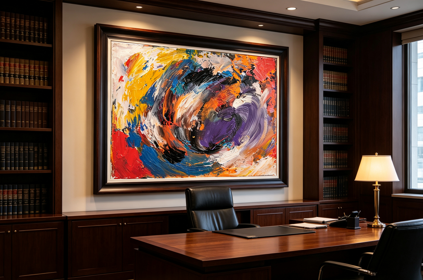 Abstract oil painting with swirling purple, black, gold, red, and blue brushstrokes