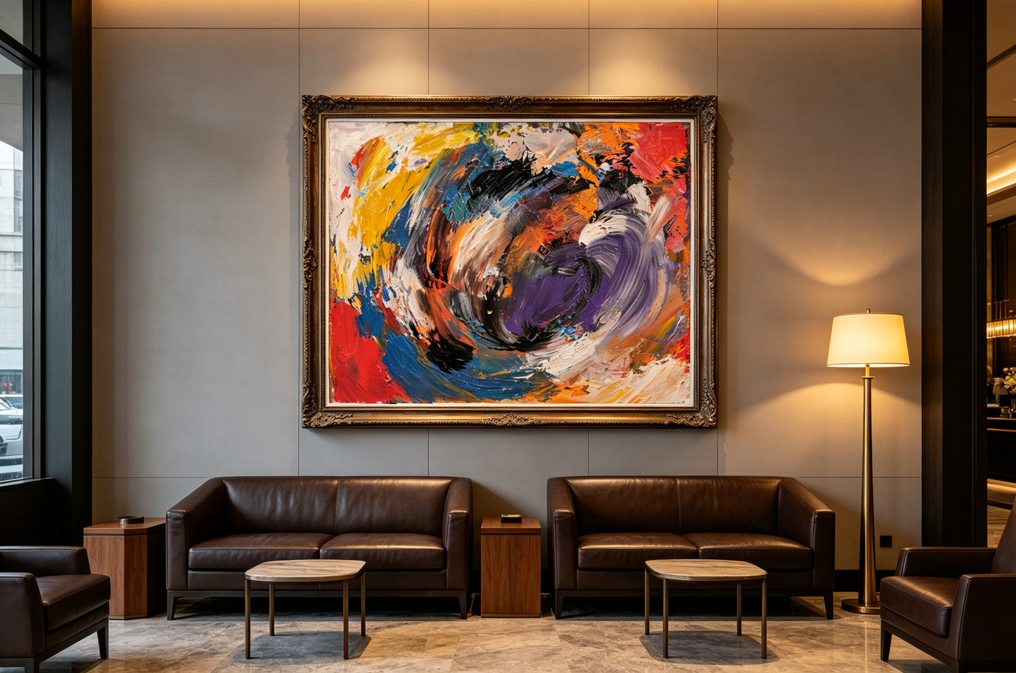 Abstract oil painting with swirling purple, black, gold, red, and blue brushstrokes