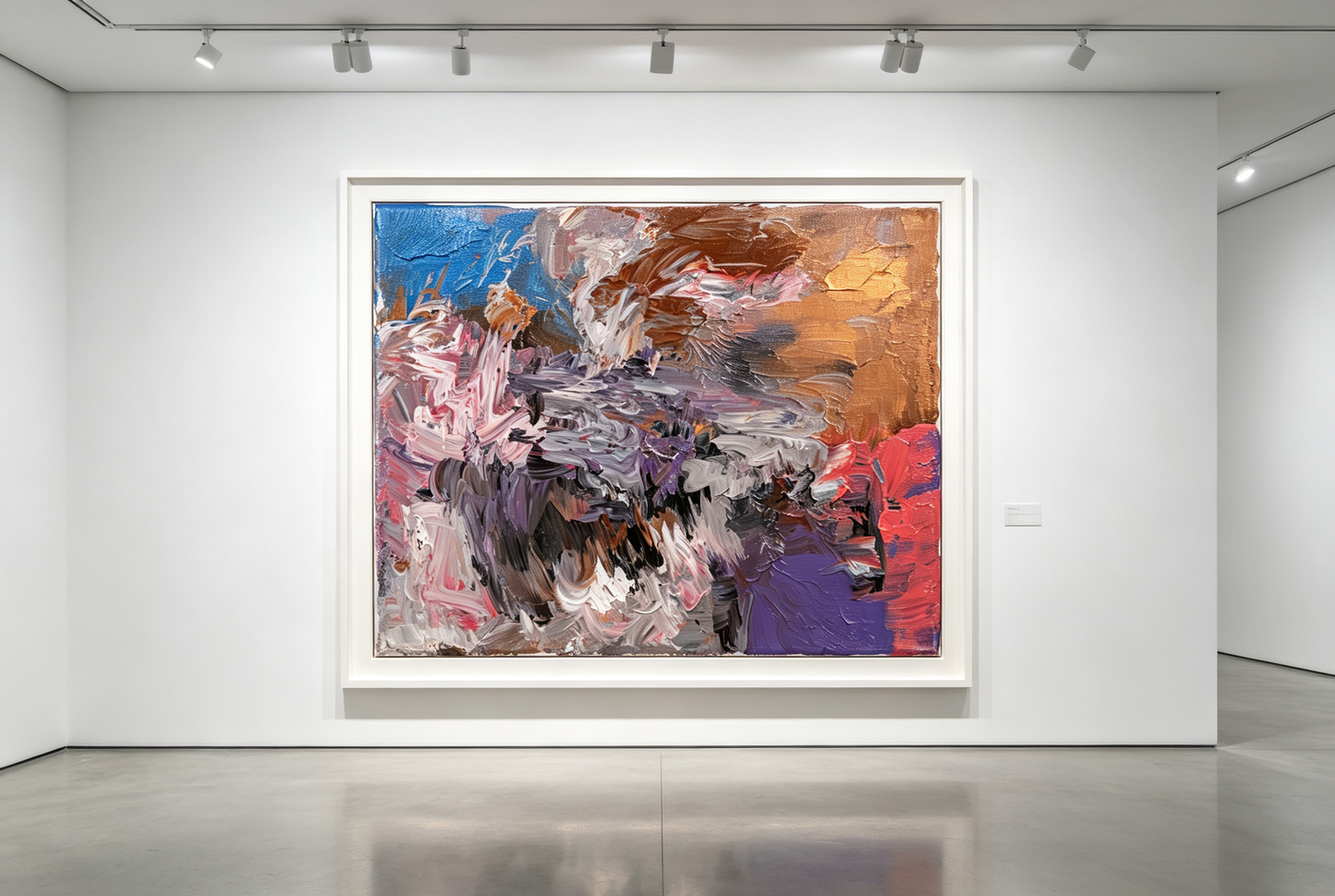 Textured abstract oil painting in grey, violet, umber, cobalt blue, and red