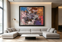 Textured abstract oil painting in grey, violet, umber, cobalt blue, and red