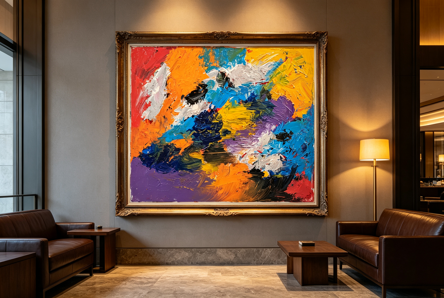 Abstract oil painting with bold blocks of orange, red, cobalt blue, violet, and black