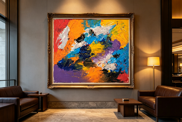 Abstract oil painting with bold blocks of orange, red, cobalt blue, violet, and black