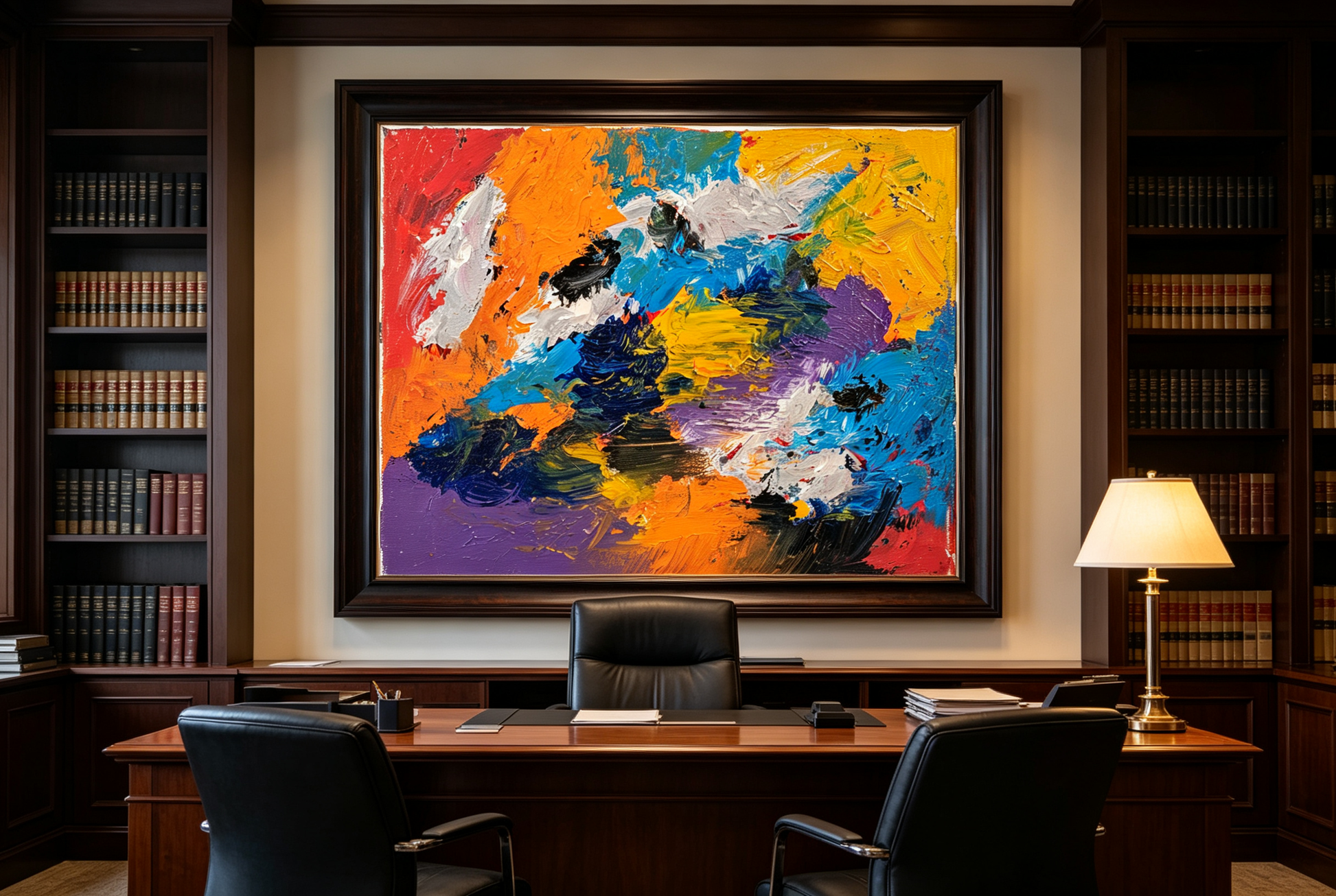 Abstract oil painting with bold blocks of orange, red, cobalt blue, violet, and black