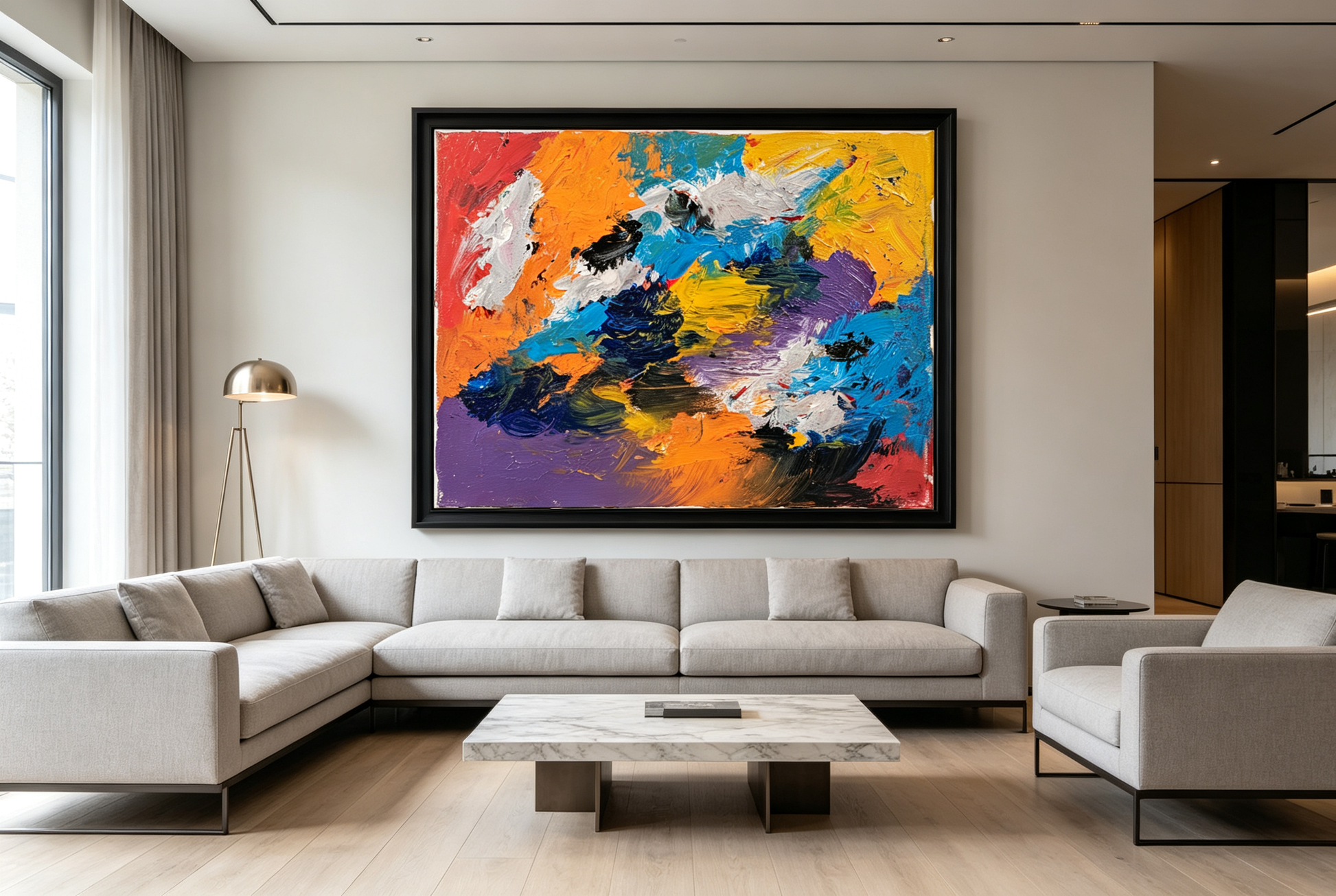 Abstract oil painting with bold blocks of orange, red, cobalt blue, violet, and black