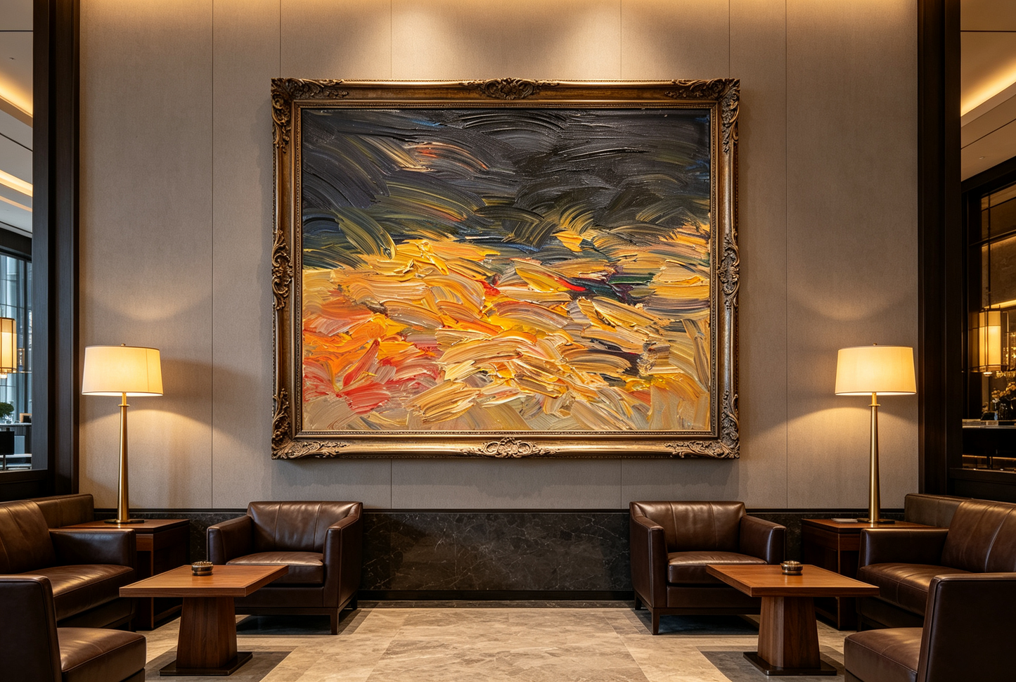 Abstract oil painting with grey-blue strokes above warm gold, orange, and cream layers