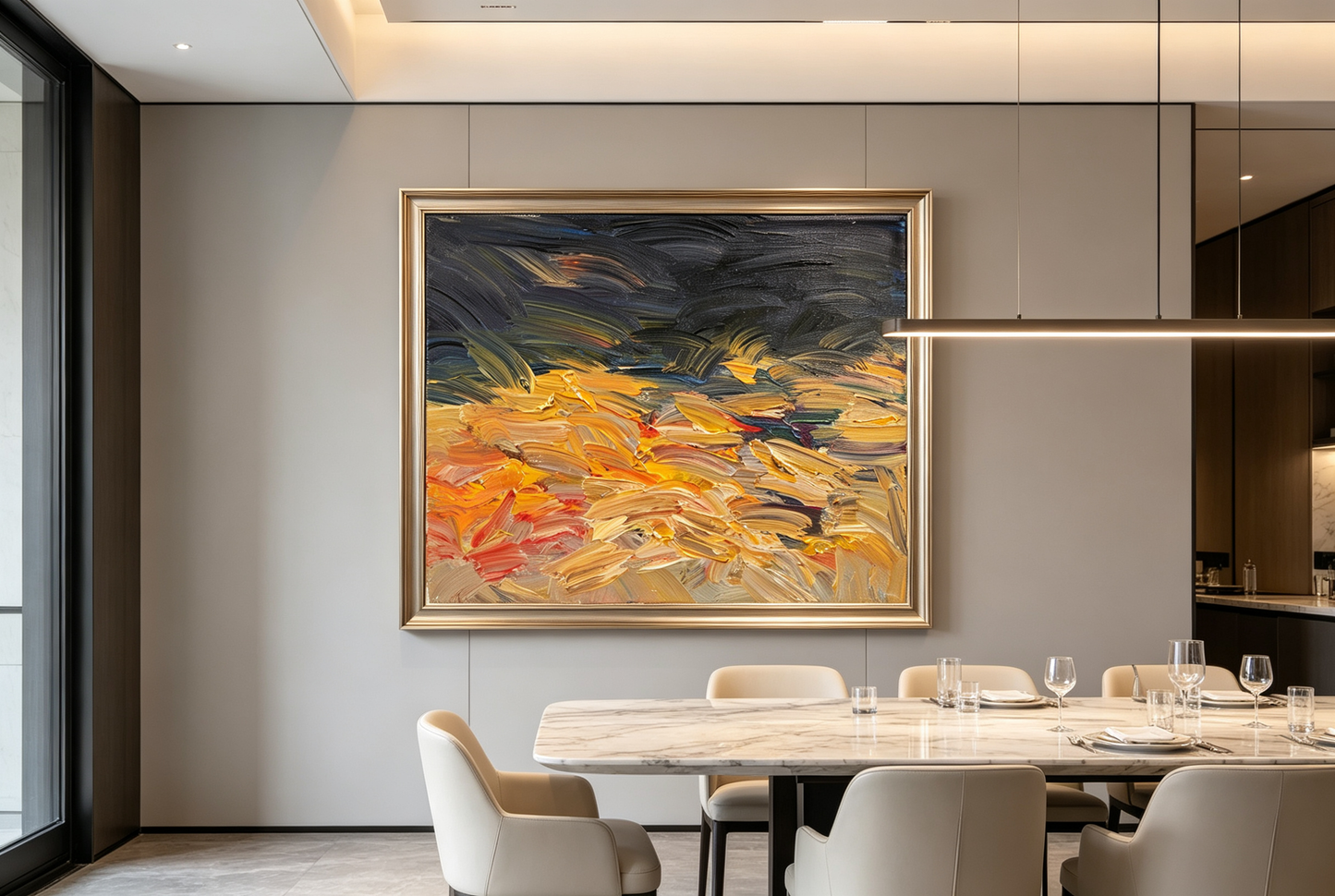 Abstract oil painting with grey-blue strokes above warm gold, orange, and cream layers