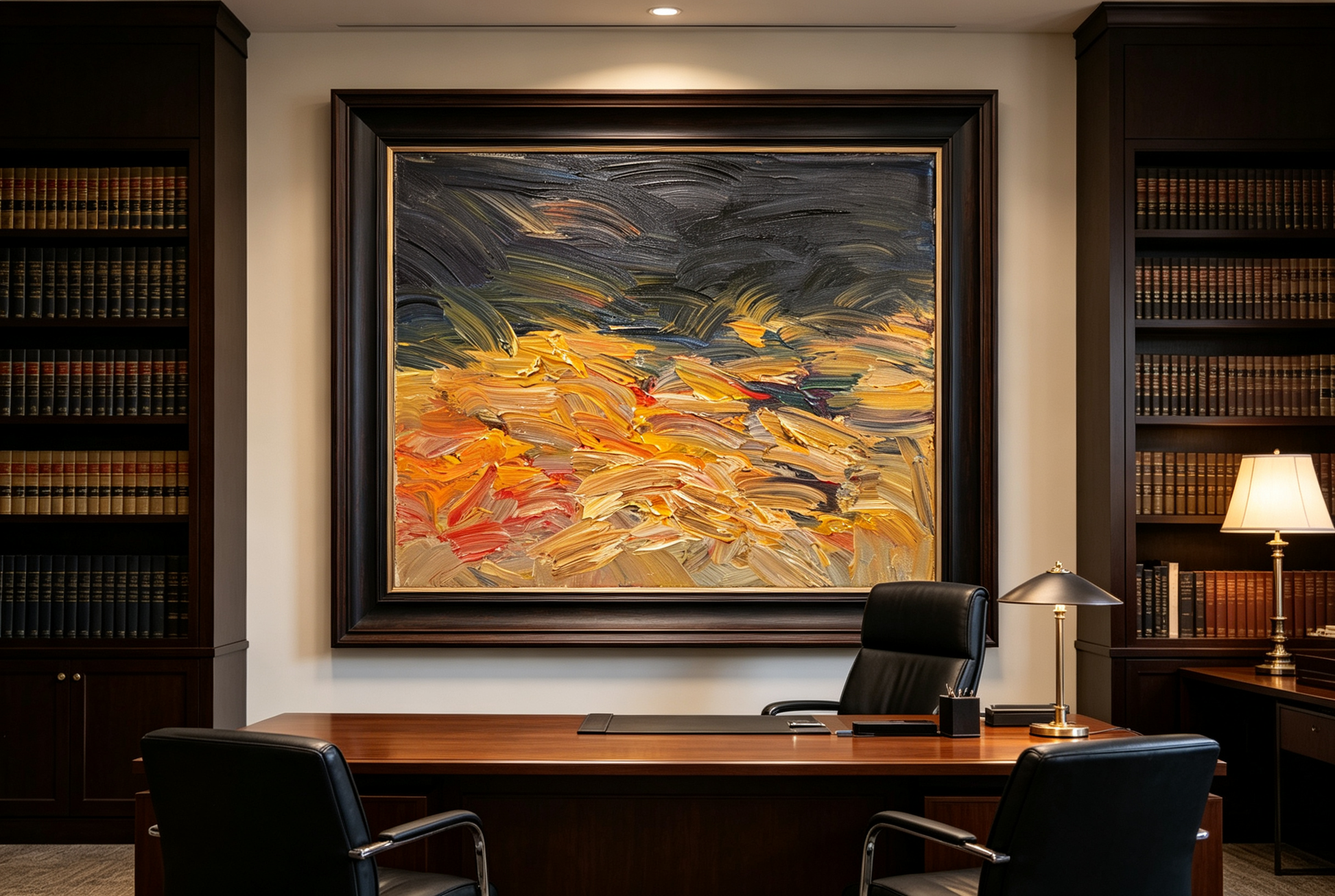 Abstract oil painting with grey-blue strokes above warm gold, orange, and cream layers