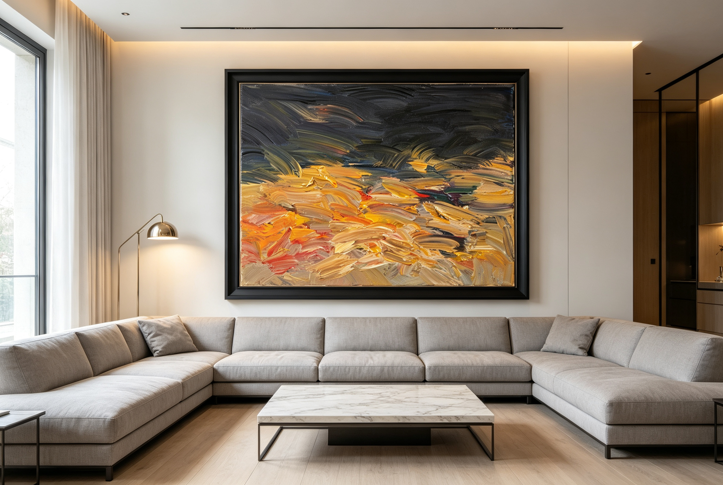Abstract oil painting with grey-blue strokes above warm gold, orange, and cream layers