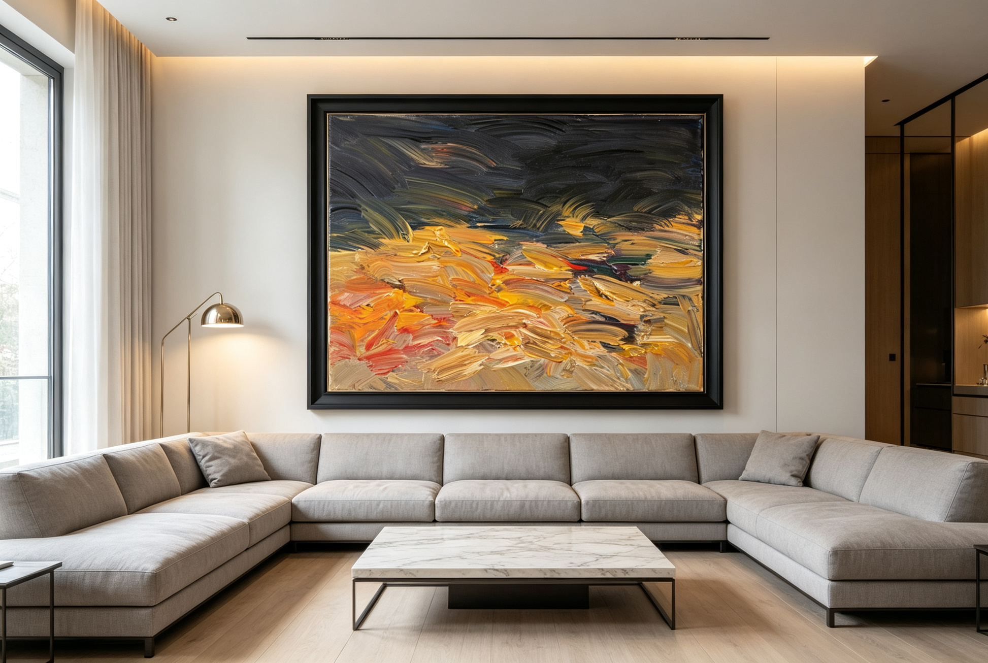 Abstract oil painting with grey-blue strokes above warm gold, orange, and cream layers