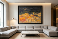 Abstract oil painting with grey-blue strokes above warm gold, orange, and cream layers