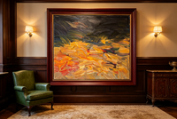 Abstract oil painting with grey-blue strokes above warm gold, orange, and cream layers