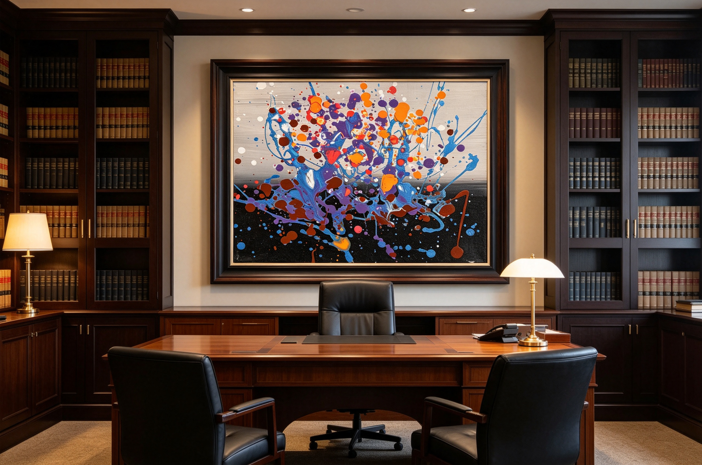 Abstract oil painting with blue drips and orange violet splatters on gray black ground