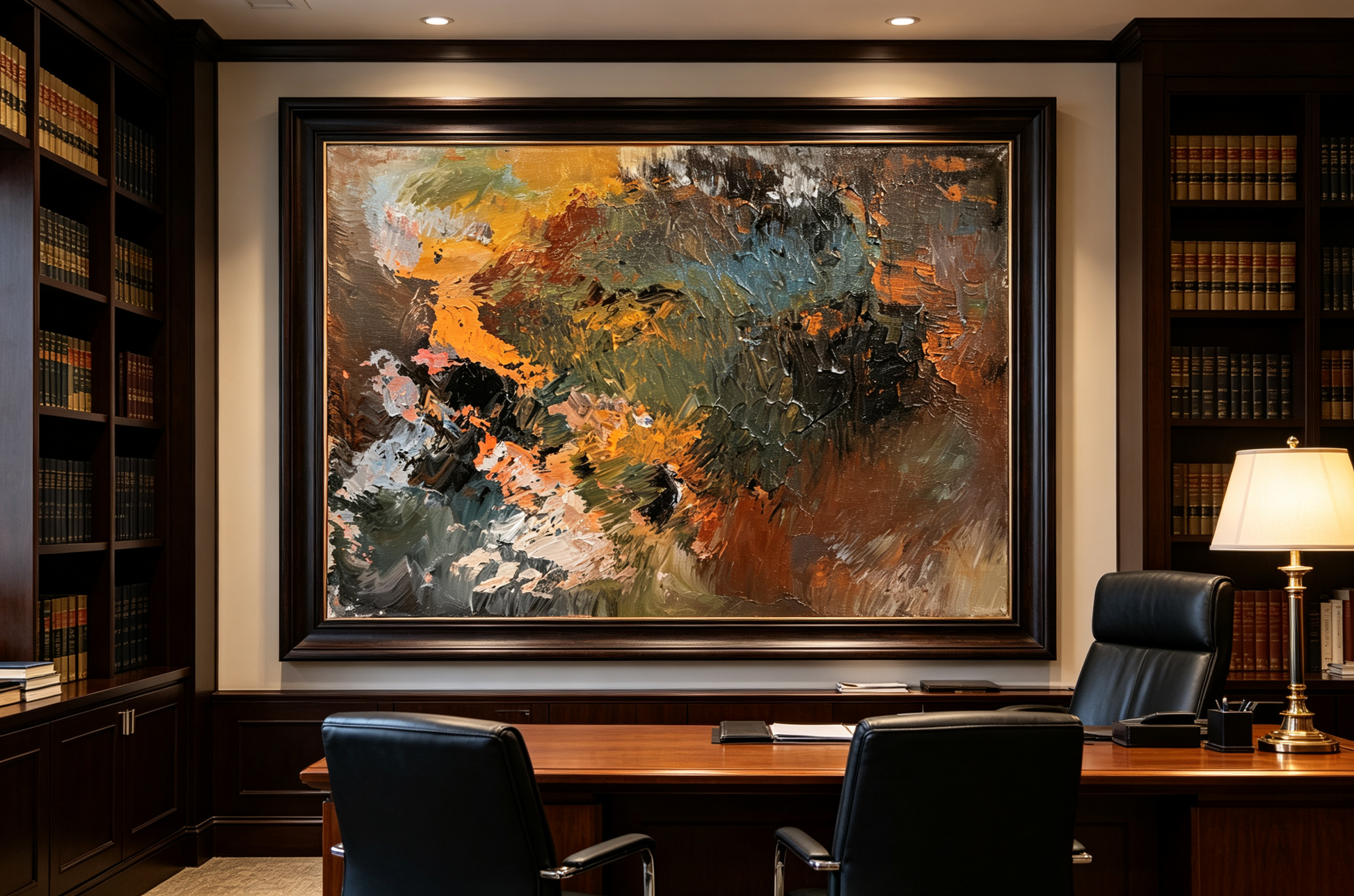 Textured abstract oil painting in olive green ochre and rust tones