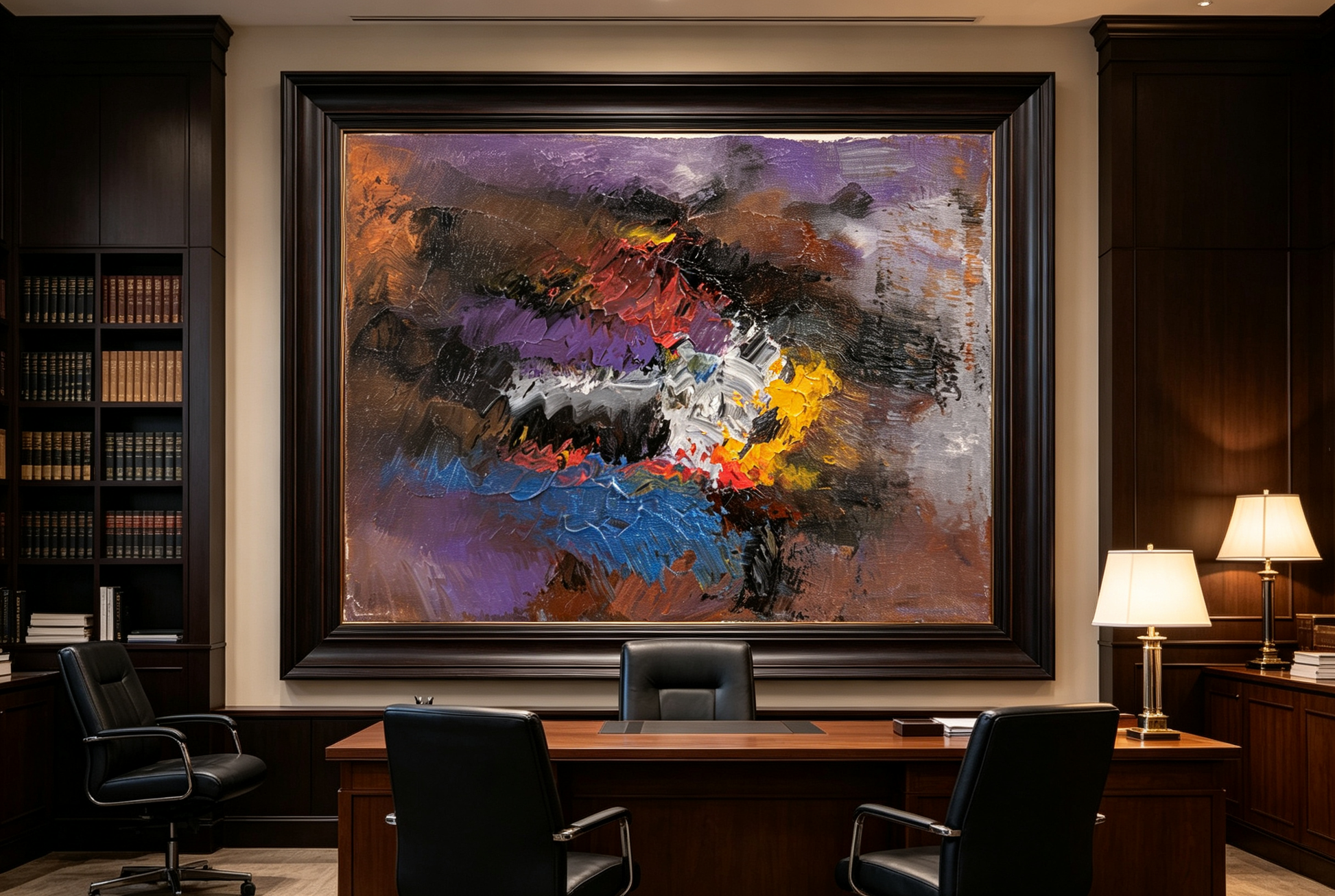 Bold abstract oil painting with red yellow and blue strokes on purple brown ground