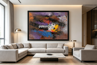 Bold abstract oil painting with red yellow and blue strokes on purple brown ground