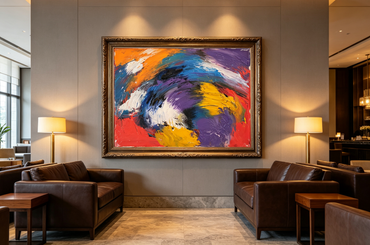 Vibrant abstract oil painting with swirling orange blue violet yellow strokes on red