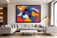 Vibrant abstract oil painting with swirling orange blue violet yellow strokes on red