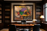 Impasto abstract oil painting with green yellow violet strokes on gray brown ground