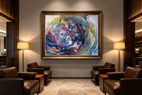 Abstract oil painting with swirling strokes of blue, purple, green, red, and yellow in a vortex composition