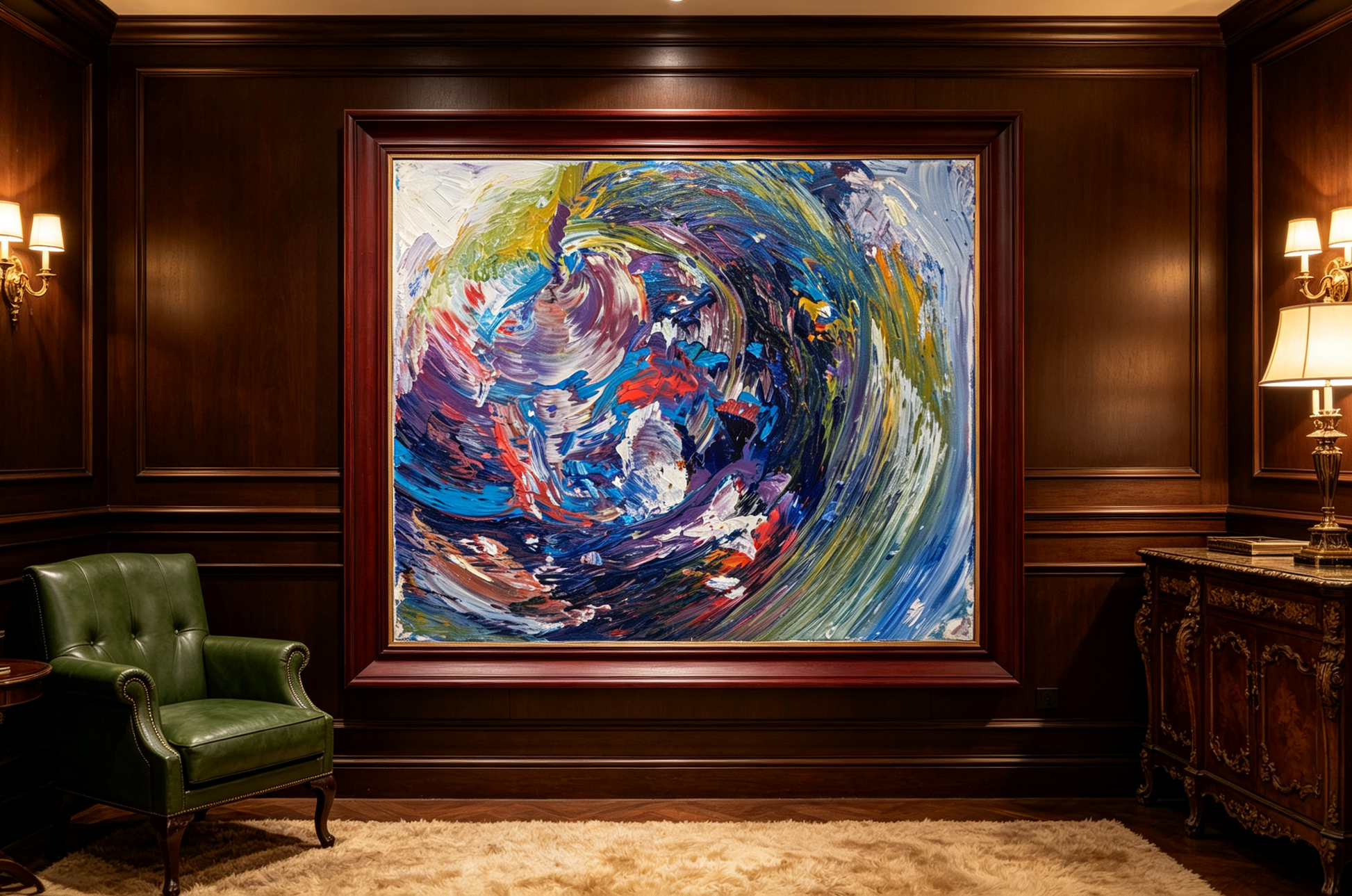 Abstract oil painting with swirling strokes of blue, purple, green, red, and yellow in a vortex composition