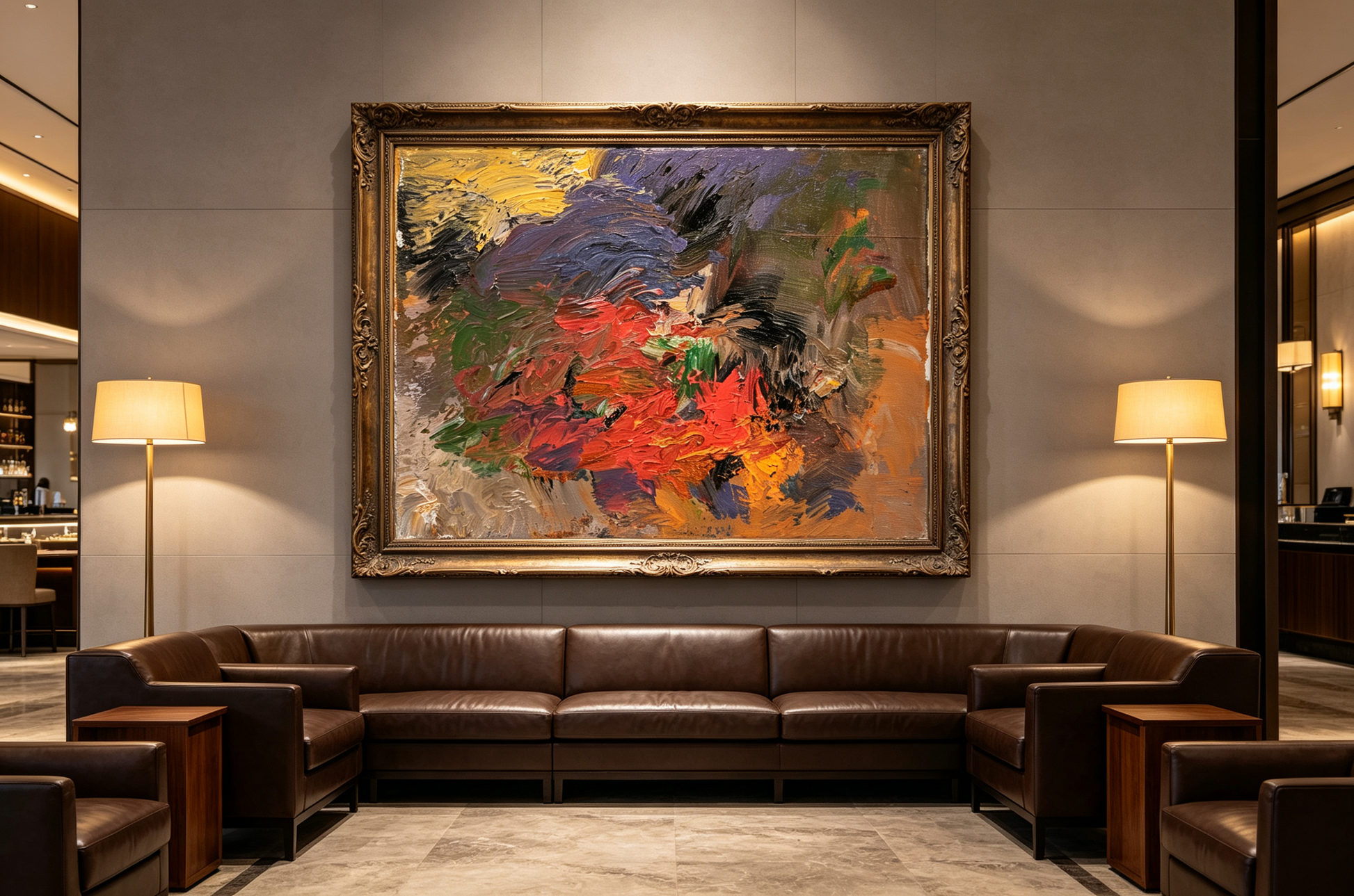 Abstract oil painting with bold red forms over layers of brown, violet, ochre, and green in heavy strokes