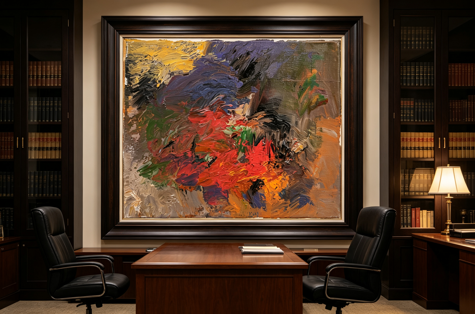 Abstract oil painting with bold red forms over layers of brown, violet, ochre, and green in heavy strokes