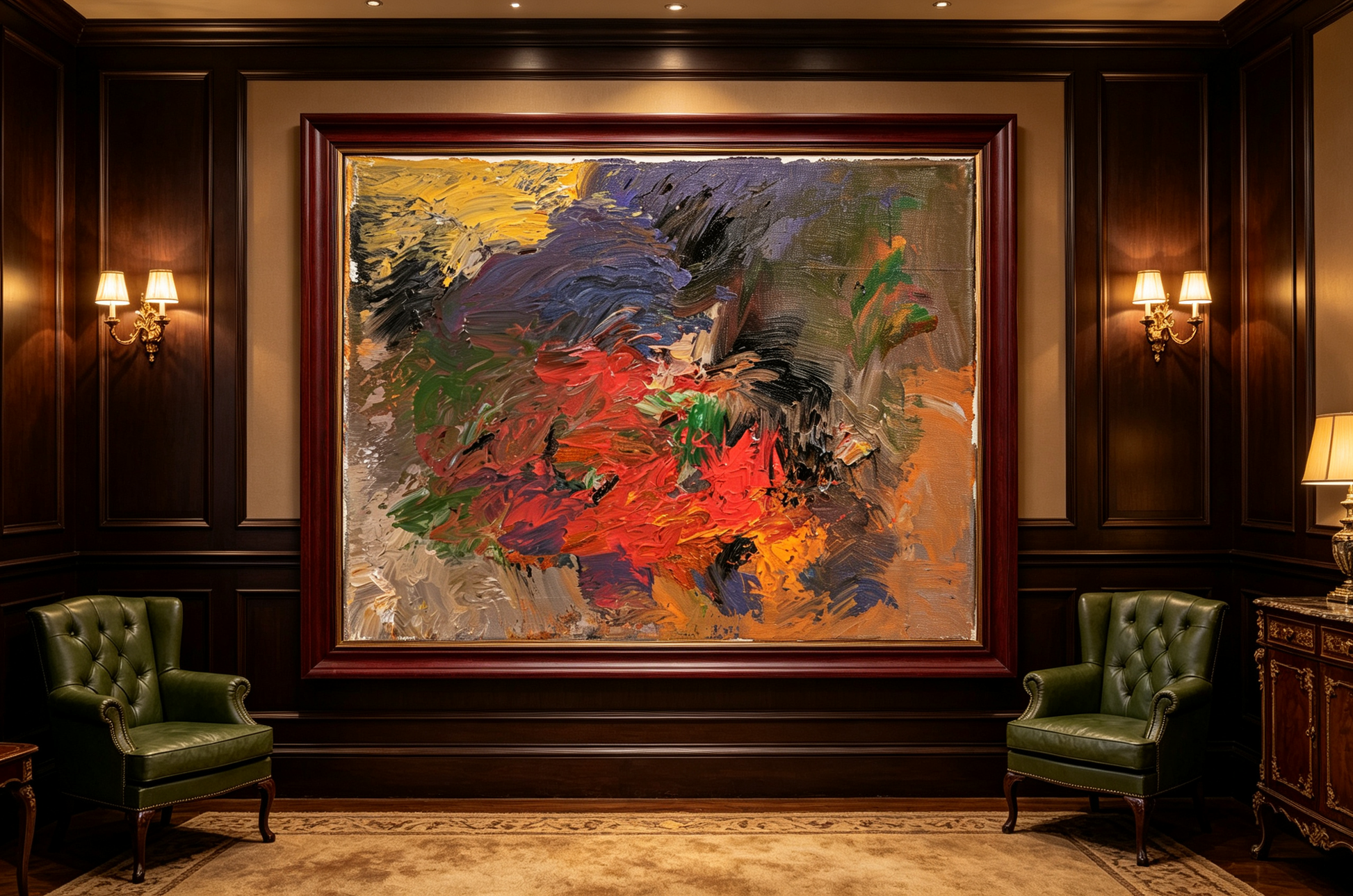 Abstract oil painting with bold red forms over layers of brown, violet, ochre, and green in heavy strokes