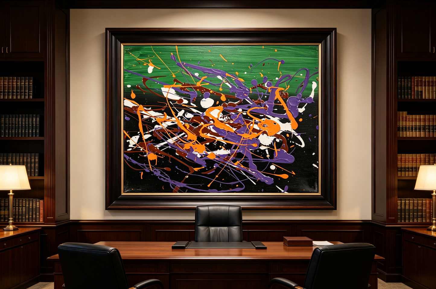 Abstract oil painting with a green band above a black field splattered with orange, violet, white, and brown drips