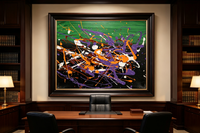 Abstract oil painting with a green band above a black field splattered with orange, violet, white, and brown drips