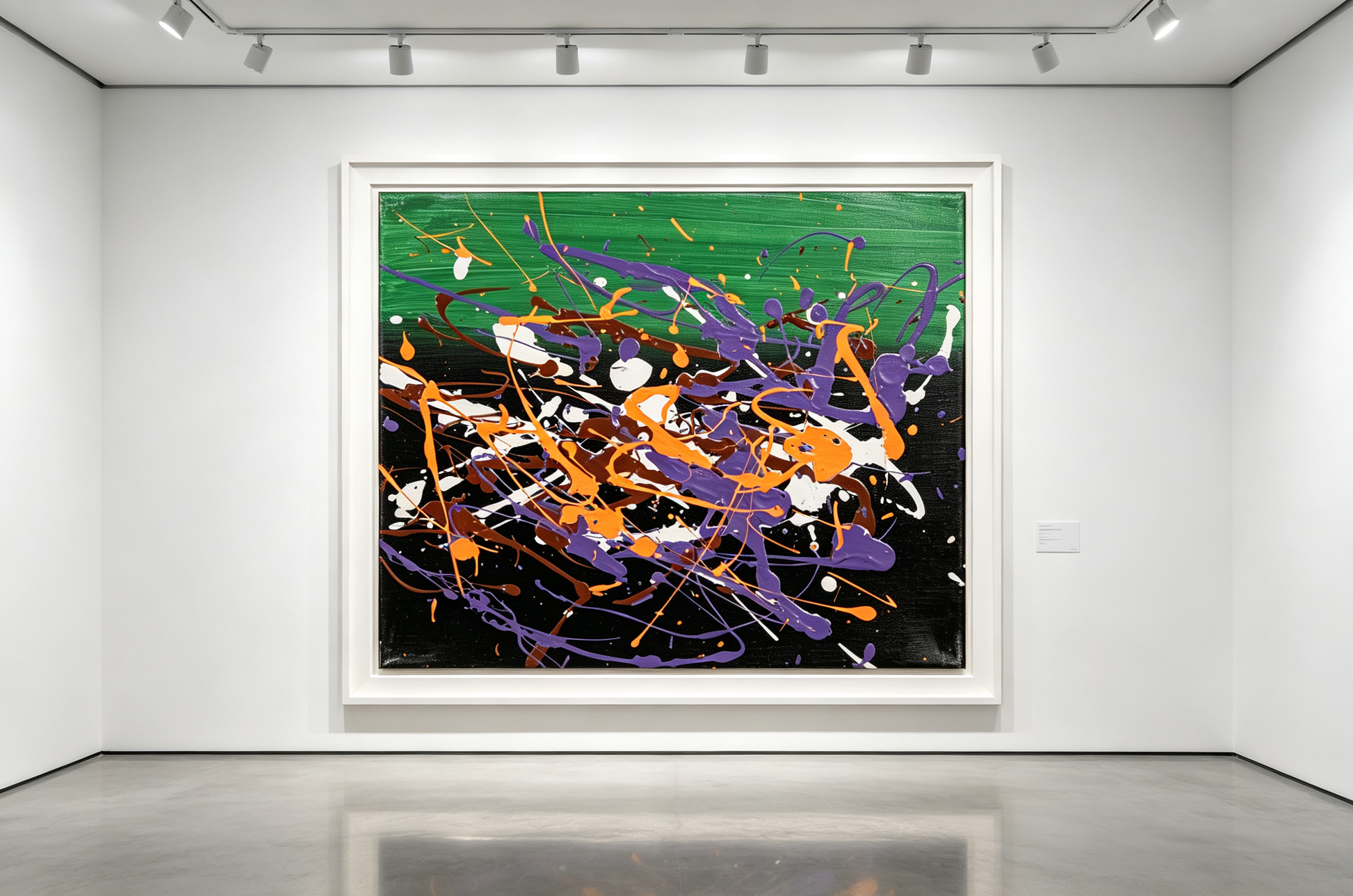 Abstract oil painting with a green band above a black field splattered with orange, violet, white, and brown drips