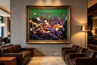 Abstract oil painting with a green band above a black field splattered with orange, violet, white, and brown drips