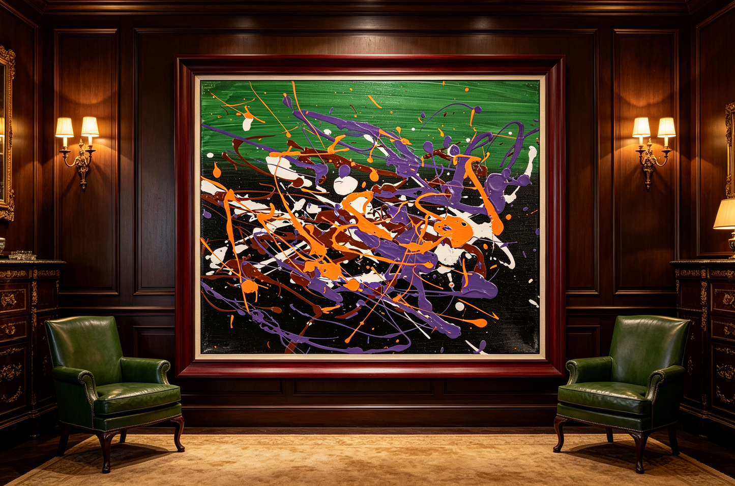 Abstract oil painting with a green band above a black field splattered with orange, violet, white, and brown drips