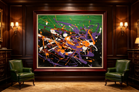 Abstract oil painting with a green band above a black field splattered with orange, violet, white, and brown drips