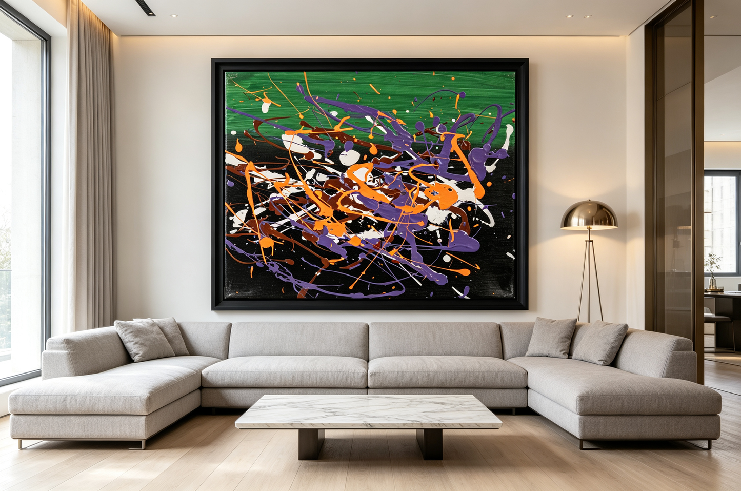 Abstract oil painting with a green band above a black field splattered with orange, violet, white, and brown drips