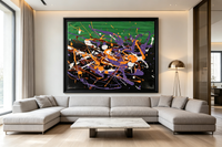 Abstract oil painting with a green band above a black field splattered with orange, violet, white, and brown drips