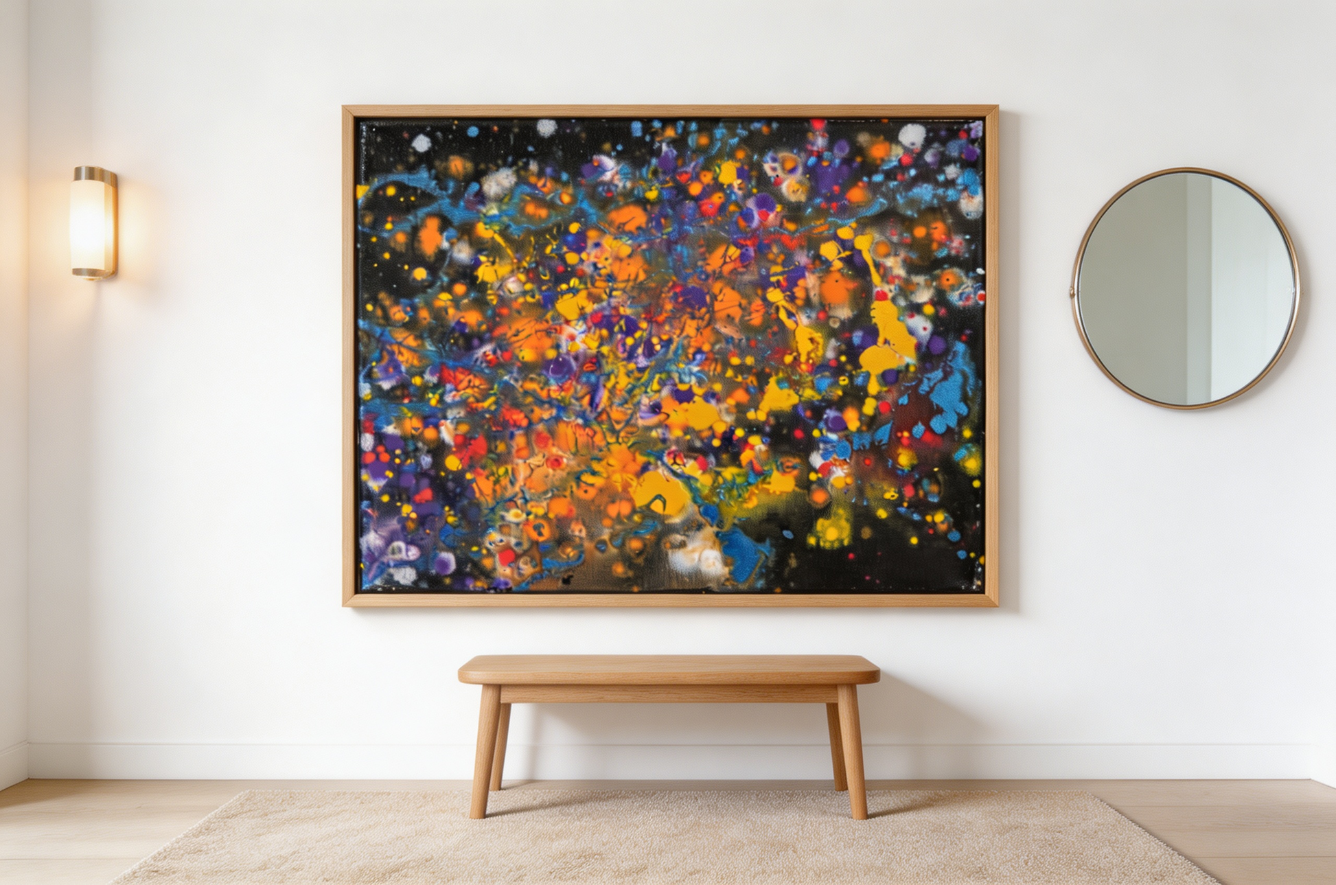 Abstract oil painting with dense speckles of orange, yellow, blue, violet, and red scattered across a dark ground