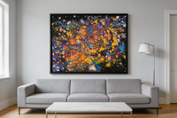 Abstract oil painting with dense speckles of orange, yellow, blue, violet, and red scattered across a dark ground