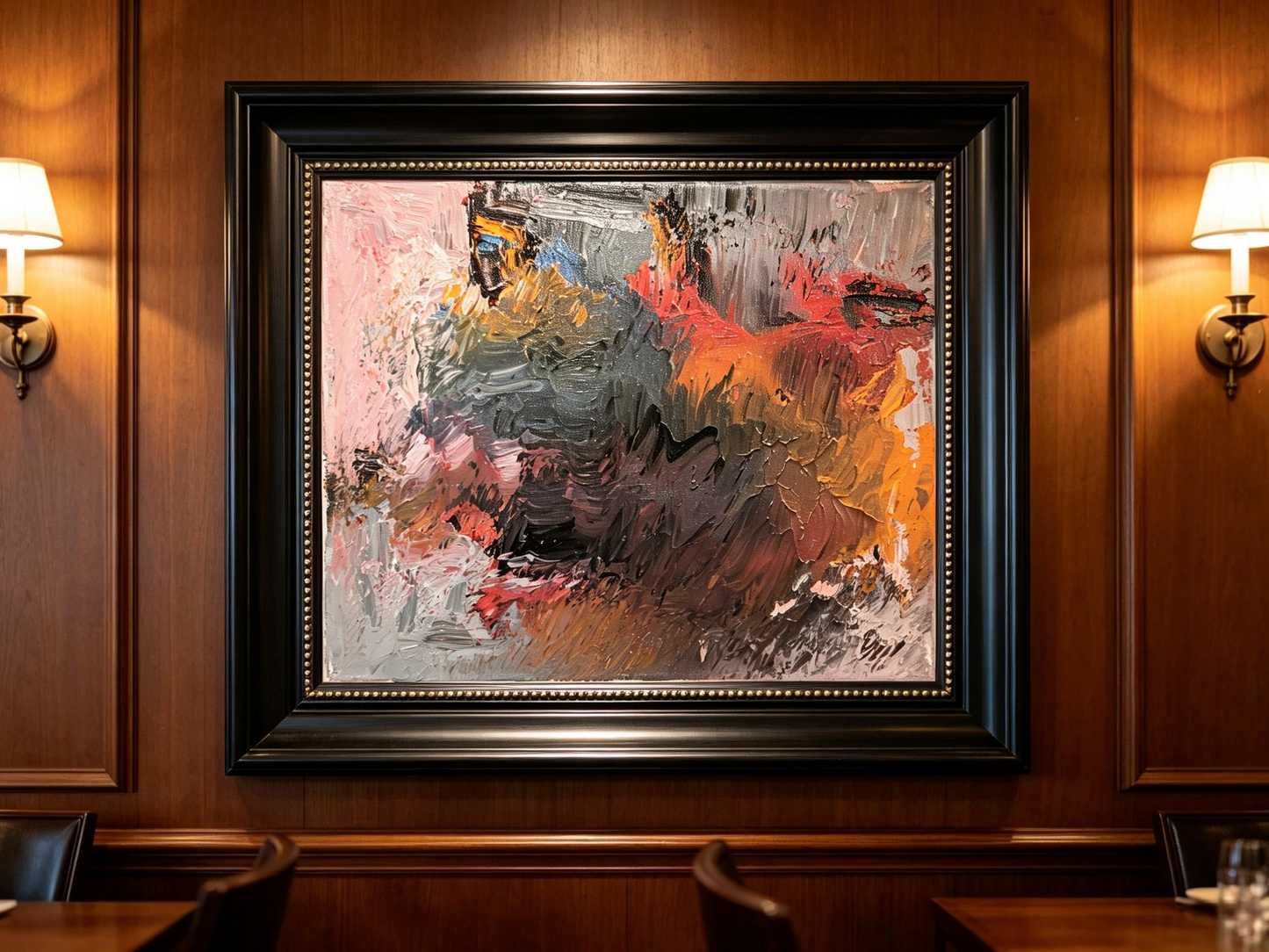 Abstract oil painting in soft pink, grey, and ochre with blended strokes and darker central forms