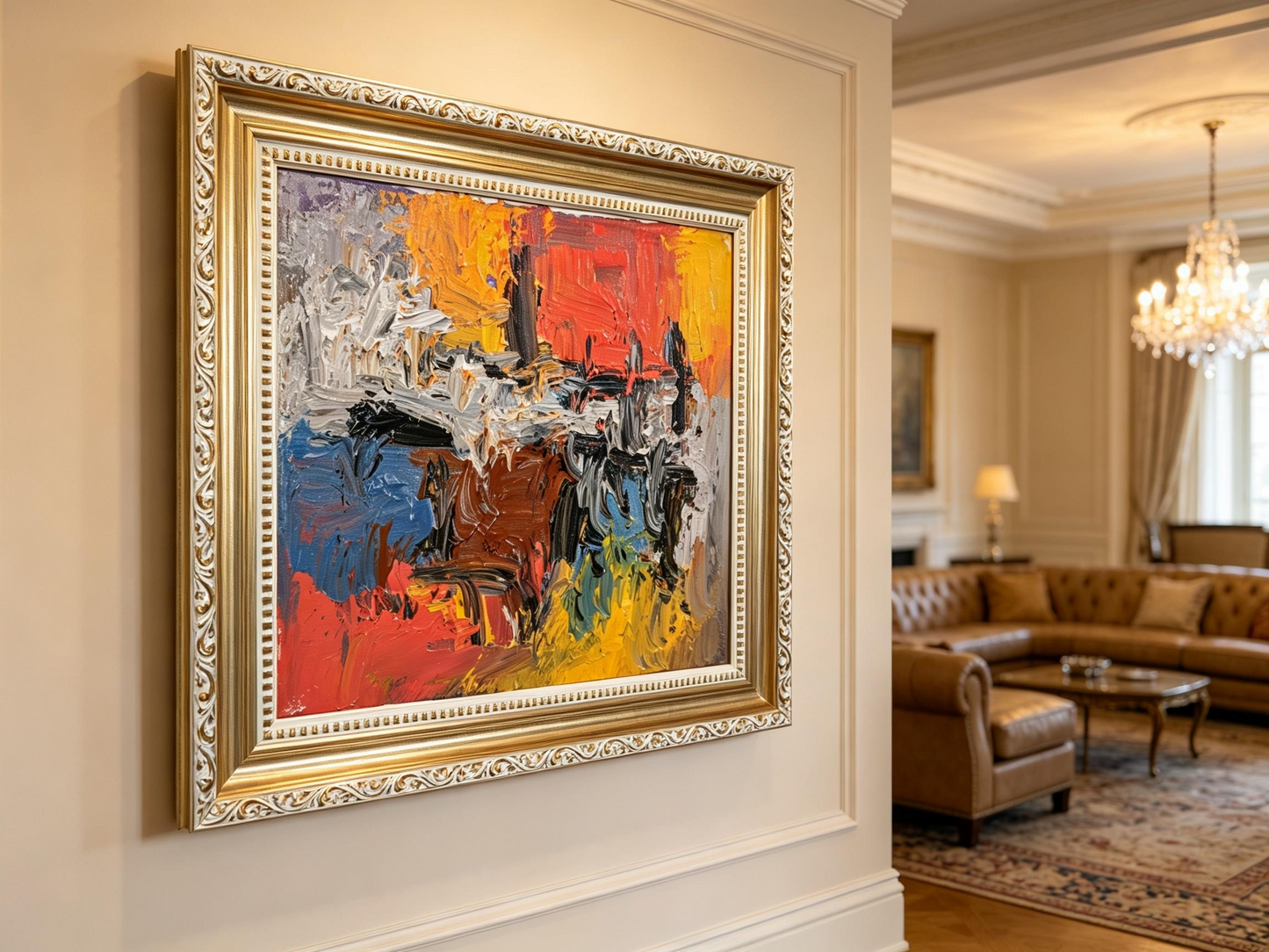 Abstract oil painting with thick orange, red, gray, and blue textured strokes