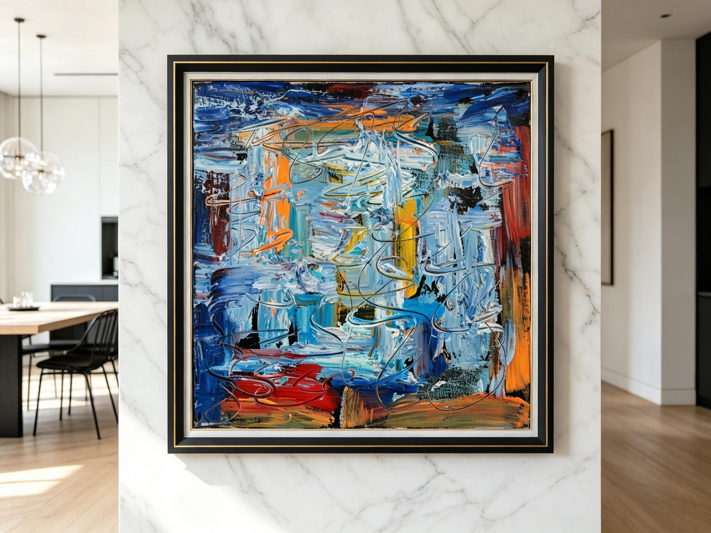 Blue abstract oil painting with white sweeping strokes and orange line accents