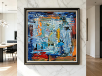 Blue abstract oil painting with white sweeping strokes and orange line accents